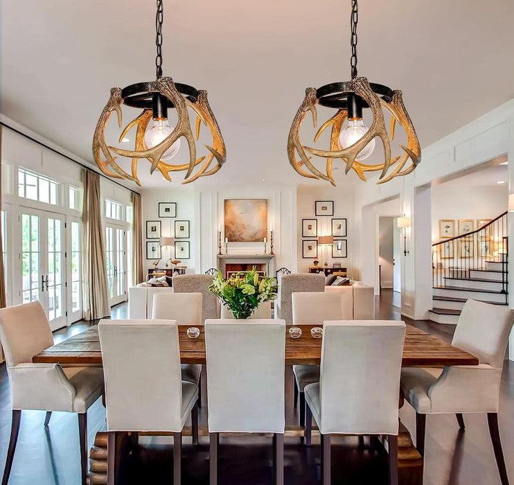 Rustic Antler Chandelier, Adjustable Height Farmhouse Chandeliers with Resin 4 Antlers and Retro Metal Wagon Wheel Chandelier Vintage Style for Dining Room, Kitchen, Hallway, Entryway