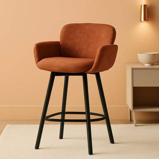 26" Swivel Bar Stools Set of 3, Counter Height Bar Stools with Backrest and Arms, Modern Upholstered Barstools with Metal Legs for Kitchen Island, Brown