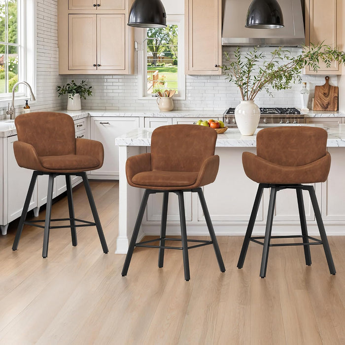 26" Swivel Bar Stools Set of 3, Counter Height Bar Stools with Backrest and Arms, Modern Upholstered Barstools with Metal Legs for Kitchen Island, Brown