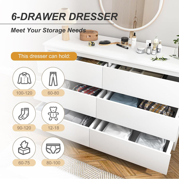 White 6 Drawer Dresser for Bedroom,48'' Modern Dresser with Deep Drawer,Wide Storage Chest of Drawers,Bedroom Storage Organizer Furniture,Tv Stand for Living Room