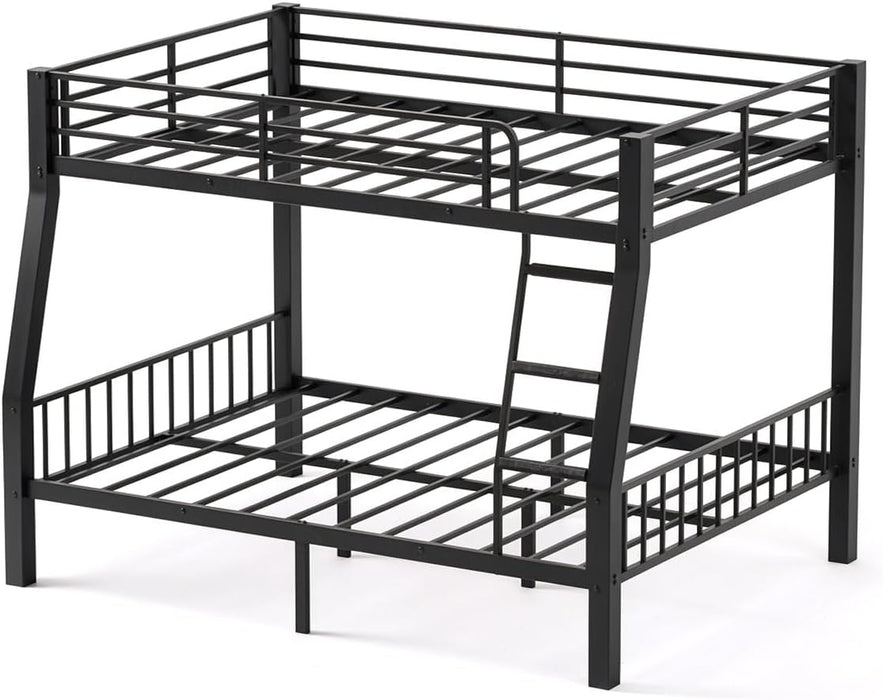 Full XL over Queen Bunk Bed for Adults, Heavy Duty Metal Queen Bunk Bed Frame with Reinforced Steel Slats, Full-Length Guardrails & Anti-Slip Ladder, Noise-Free, No Box Spring Needed, Black