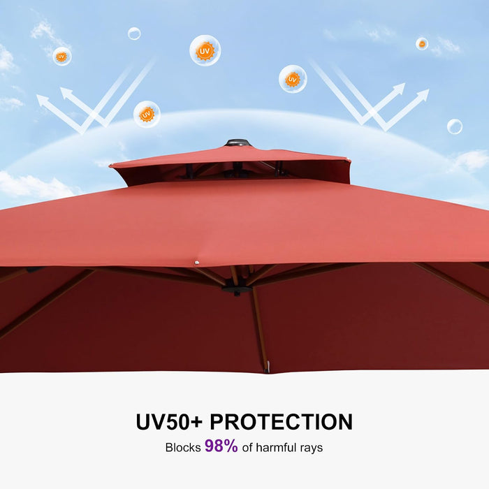 Patio Umbrella 10Ft Double Top Wood-Grain Finish, Brick Red
