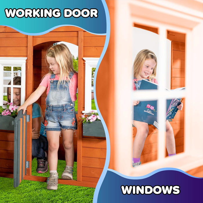 Woodbridge Wooden Playhouse for Kids, Outdoor Backyard Playhouse with Working Door, Windows & Flowerpot Holders, Ages 3–8, Durable Finland Wood, Red