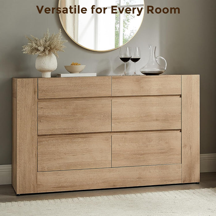 6 Drawer Dresser for Bedroom, 54" Wide Chest of Drawers with Thick Wood Design, Handleless, Modern Bedroom Dresser, Storage Organizer for Living Room/Entryway/Hallway, Natural Oak