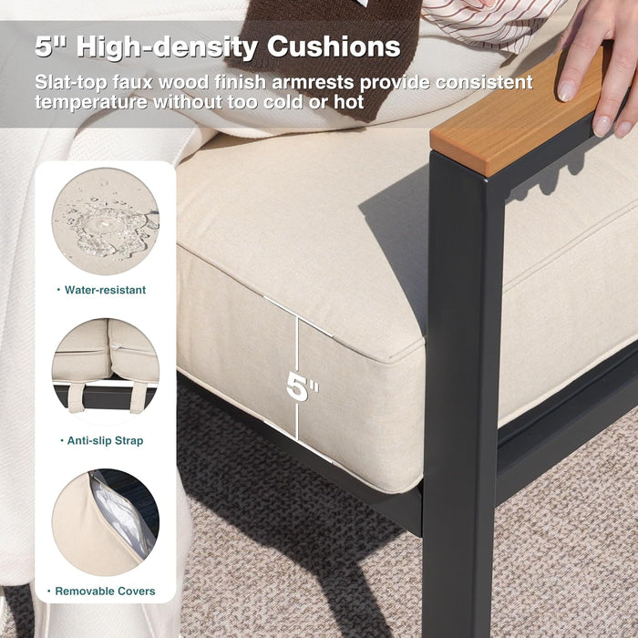 Patio Furniture Set, 4 Pieces Outdoor Furniture Patio Conversation Set with High Back, Faux-Wood Armrest and Tabletop, Outdoor Couch Patio Sofa Set for Balcony, Porch, Backyard, Beige