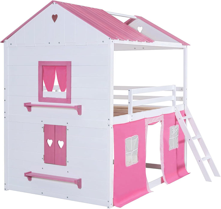 TwinOverTwin HousePlayhouse Bunk Bed PinkWhite Windows