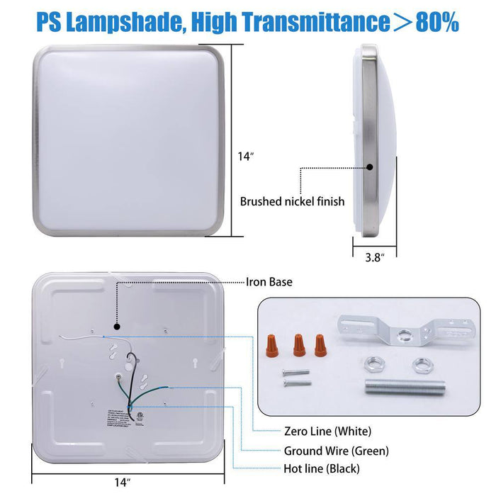 14 In. Brushed Nickel Dimmable LED Square Flush Mount Ceiling Light 4000K