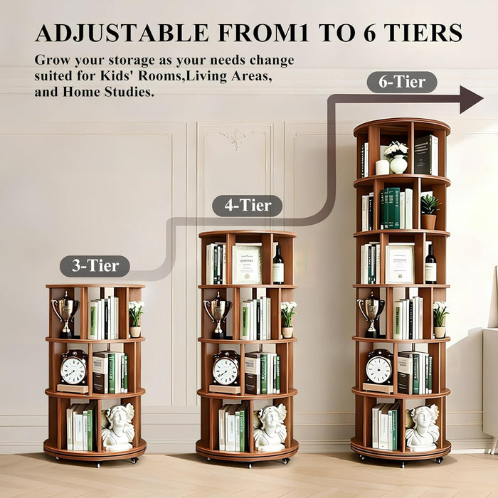 Rotating 6-Tier Walnut Rubberwood Bookcase 360 Degree