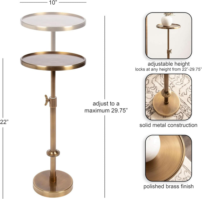 Engles Traditional Adjustable-Height Pedestal Drink Table, 10 X 10 X 30, Polished Brass, Vintage round Living Room Pedestal Table for Indoor Plant Stand with Protective Tabletop Lip