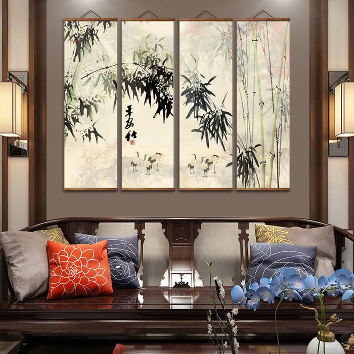 Chinese Freehand Bamboo Forest Artwork, Pine Cranes Wall Art Scroll Paintings, Set of 4, Black Walnut
