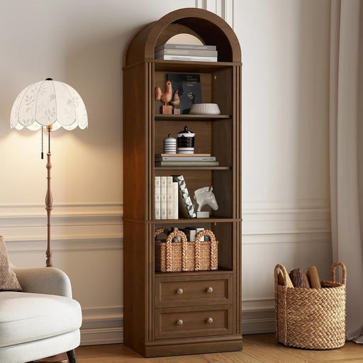 Tall Narrow Bookshelf, Arched Bookshelf with 2 Drawers, 7-Tier Farmhouse Arch Bookcase, Wooden Book Shelf with Open Display Shelves for Office, Living Room, Kitchen, Walnut