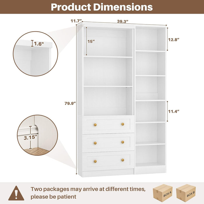 80" Bookshelf with 3 Drawers, 6-Tier Bookcase Open Storage Shelf