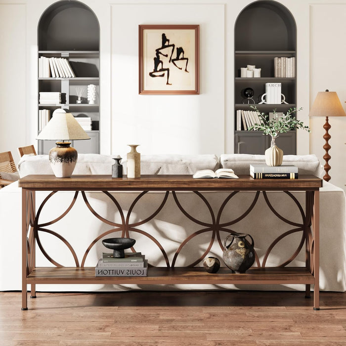 70.9-Inch Narrow Sofa Table, Industrial Long Sofa Table behind Couch, Entry Console Table with Storage for Entryway, Living Room, Foyer, Unique Design, Brown Glossy