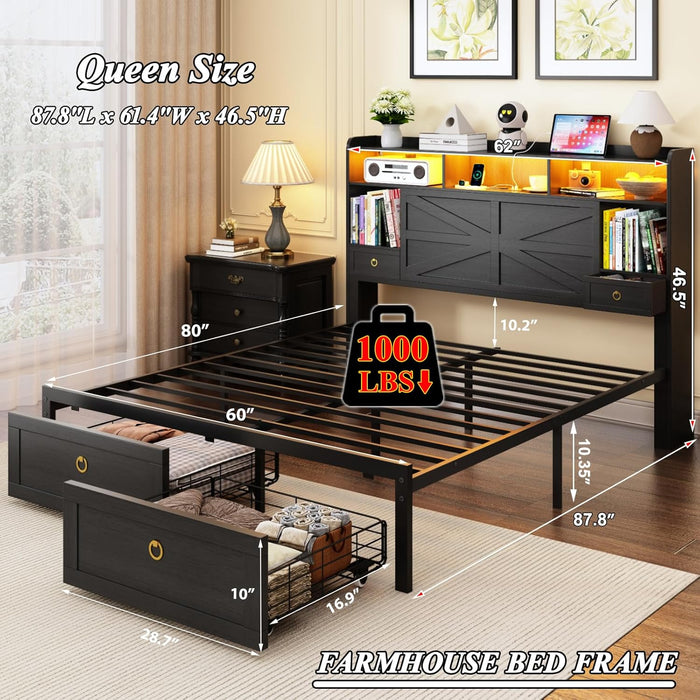 Queen Bed Frame with Storage Headboard, Farmhouse Platform Bed Frame with Bookshelf, Drawers, LED Lights and Charging Station, Metal Slats Support, Noise Free, No Box Spring Needed, Black