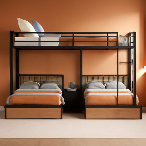 Metal Triple Bunk Bed with Drawers and Guardrails, Full over Twin & Twin Bunk Bed for 3, Space-Noise Free, No Box Spring Needed - Black