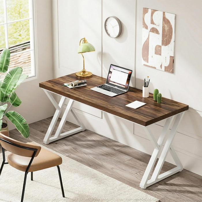 Modern Walnut/White 55" Heavy Duty Computer Desk, Study & Work Desk, 23.6"D X 55.1"W X 29.5"H, Z-Shaped Metal Legs, 330 Lbs Capacity