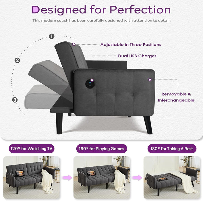 65Inch CharcoalGrey Upholstered ConvertibleSleeper Sofa