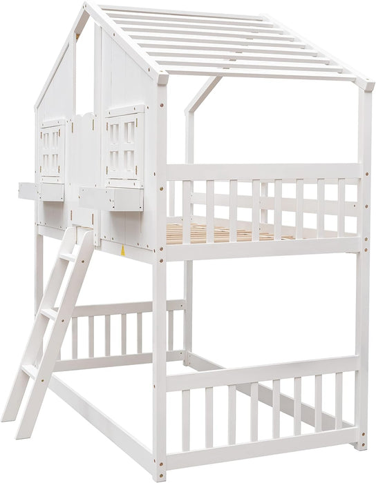 White SolidWood Playhouse BunkBed TwinOverTwin WithRoof Kids