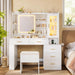 Makeup Vanity Desk with Sliding LED Lighted Mirror, 47.2"W Large Vanity Desk with Drawers, Shelves and Side Storage, RGB Glass Cabinet, White Vanity Table Set with Charging Station for Bedroom