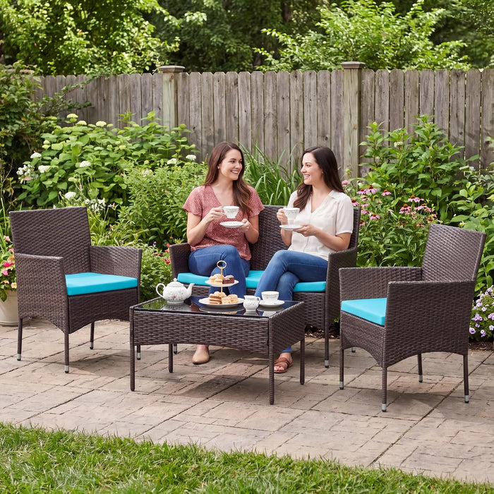 4 Pieces Patio Furniture Conversation Sets,Brown and Blue
