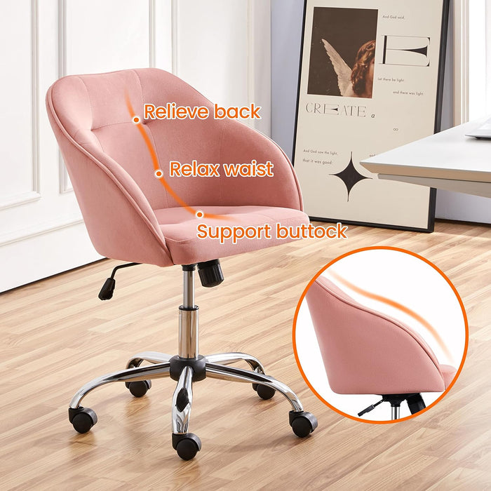 Comfy Desk Chair Cute Office Chair Pink Velvet Desk Chair Makeup Chair Vanity Chair with Back, Modern Swivel Computer Chair Accent Chair for Bedroom