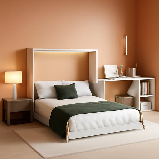 Queen Size Murphy Bed with Rotable Desk, Space-Saving Design Wall Cabinet Bed Frame with Storage Shelves for Bedroom and Guest Room, No Box Spring Required, White