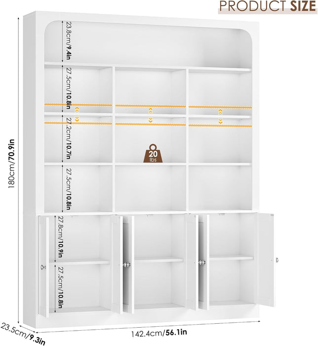 70.9" Bookcase Tall Bookshelf with Doors, Triple Wide Bookshelves | White Large Bookshelf with 10 Display Shelves, 6-Tier Tall Bookcases with Storage Cabinet, Adjustable Shelf, for Living Room