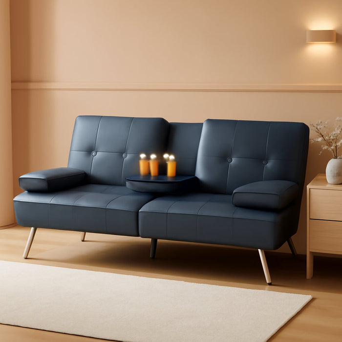 Faux Leather Upholstered Modern Convertible Futon, Adjustable Folding Sofa Bed, Guest Bed W/Removable Armrests - Blue