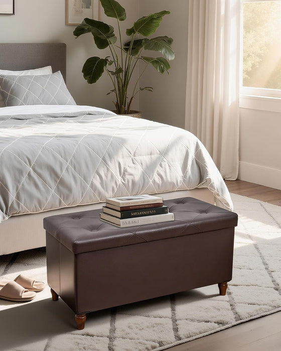 30 Inches Storage Ottoman Bench with Wooden Legs, Faux Leather Folding Ottoman Foot Rest, Storage Bench for Living Room, Hallway & Bedroom, Upgrade Large Capacity (Engineered Wood, Brown)