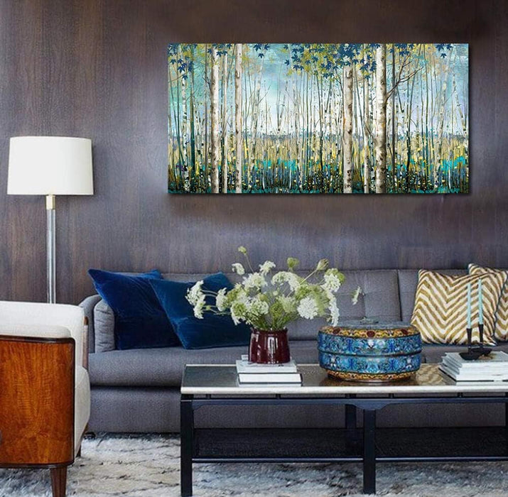 Large Framed Birch Tree Canvas Wall Art Nature Painting for Home Decor | Teal Artwork for Living Room, Bedroom, and Office Pictures for Living Room 24×48IN