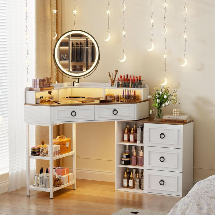 Corner Vanity Desk with Rotating Mirror and Lights,Glass Top Makeup Vanity with Human Body Senor&Charging Station,Led Vanity Table Set with 5 Drawers and Shelves for Bedroom