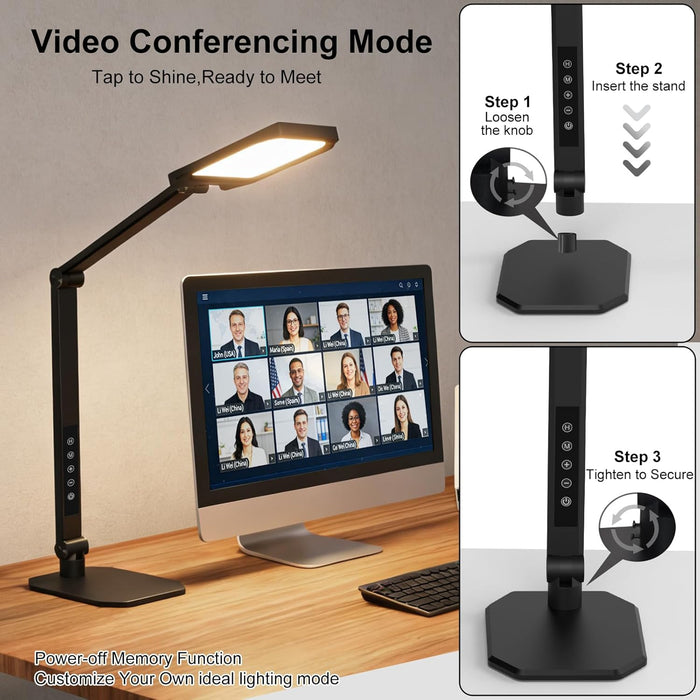 Desk Lamp for Home Office, LED Desk Lamp with Webcam Light for Video Calls, Dimmable 3000K-6500K Desk Light with Remote, Timer, Memory, Adjustable Swing Arm, CRI95+