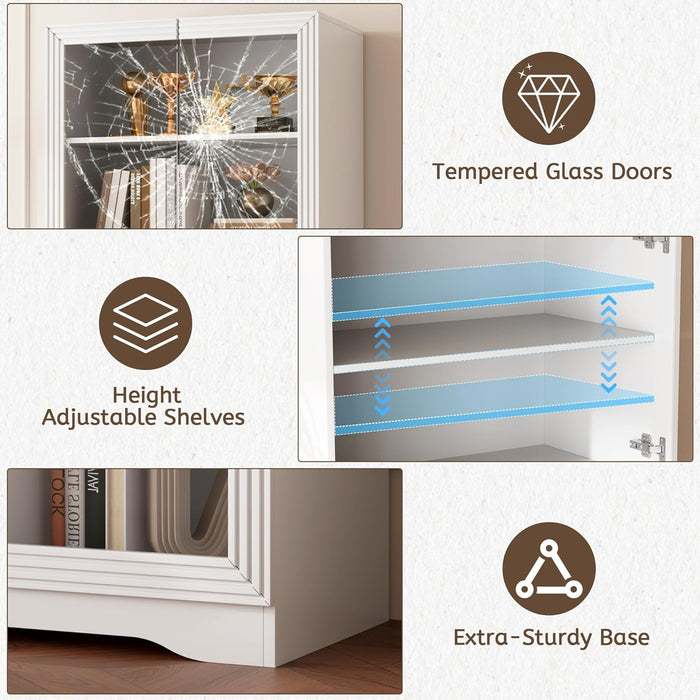 Display Cabinet with Glass Doors, 65" Tall Bookcase with LED Lights/Human Body Sensor, Display Case for Collectibles with Storage, Bedroom, Home Office, Living Room, White