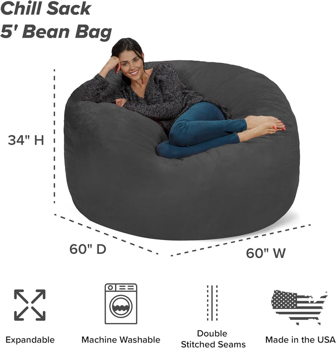 Bean Bag Chair - 5' Giant Memory Foam Lounge Chair with Soft Microfiber Cover – Cozy Furniture for Living Room, Dorm, & Kids' Rooms – Comfortable 5 Ft, Microsuede Lounge Sofa, Charcoal