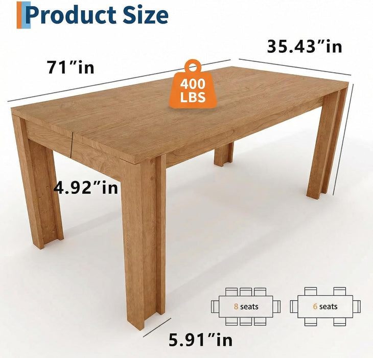 71" Long Dining Table for 6-8, Farmhouse Rectangular Wood Kitchen Table with Wide H-Legs & Thick Top, Sturdy Wood Strip Frame, Dining Room Table for Dinner, Apartment, Kitchen, Natural