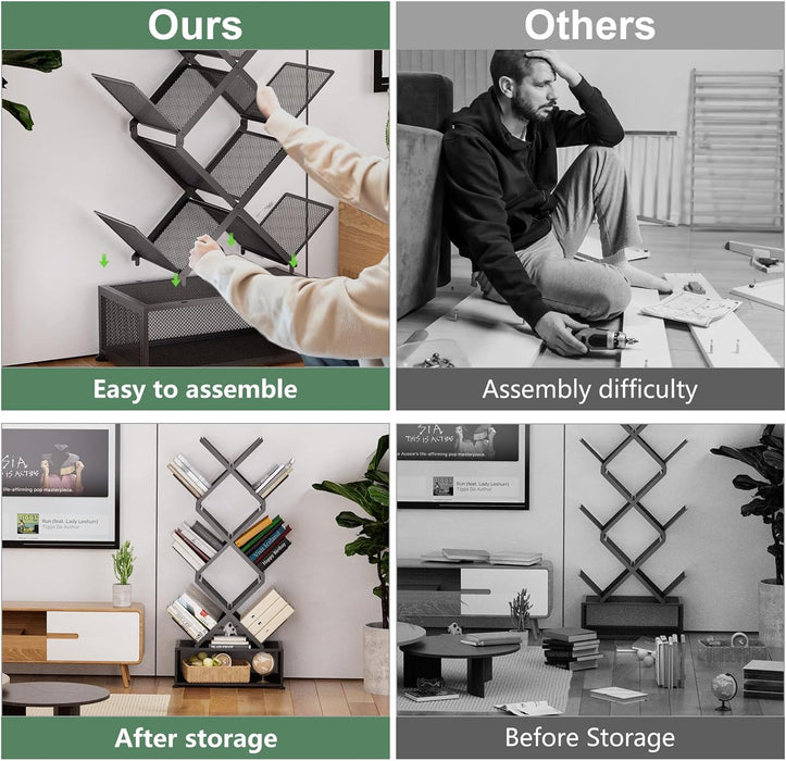 9-Tier Space Saving Book Shelf with Storage,Bedroom Shelves Folding Bookshelves,No Installation Required Shelf Tree Metal Bookshelf for Living Room,Study,Home Office,Bed Room (Black)