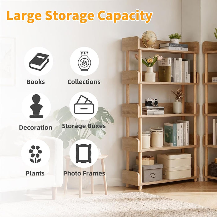 5 Tier Bookshelf, Free Standing Wooden Bookcase with Open Storage Shelves, Sturdy Shelf Organization Display Rack for Living Room, Bedroom, Home Office, Oak Color YD-BC006R