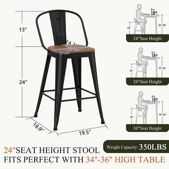 Metal Bar Stools Set of 4,24 Inch Barstools Counter Height Barstools with Backs Farmhouse Bar Stools with Larger Seat High Back Kitchen Dining Chairs Modern Bar Chairs Matte Black Stool