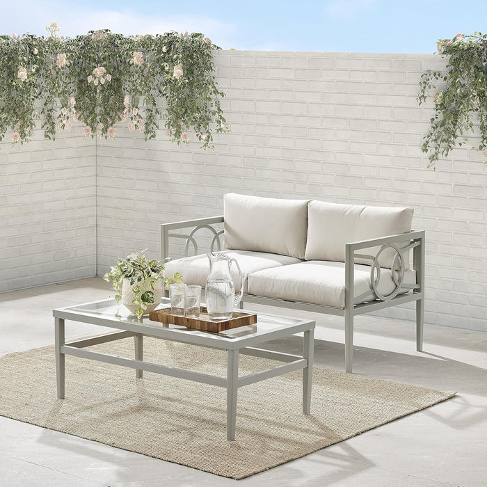 Ashford 2-Piece Outdoor Coffee Table and Loveseat Patio Furniture Set for Porch, Deck, Gray with Creme Cushions
