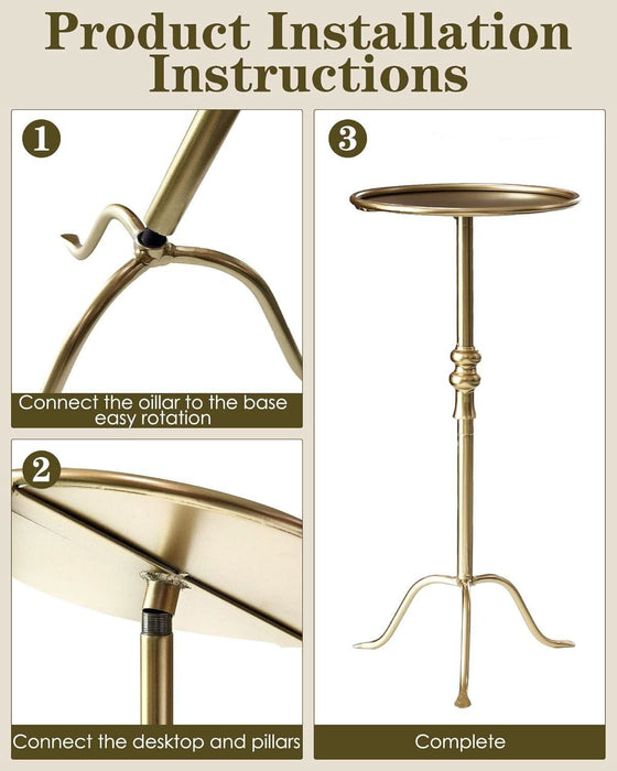 Brass Distressed Iron round Pedestal End Table, 25 Inch Vintage Martini Cocktail Accent Table with Tray Top for Living Room, Bedroom (Gold)