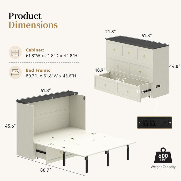 Rustic White Queen Size Murphy CabinetBed USBCharging