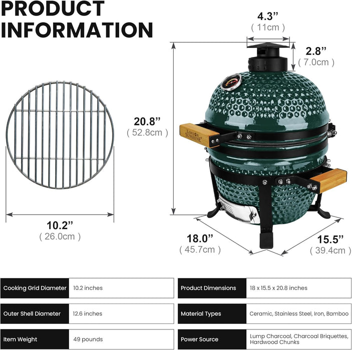 13-Inch Ceramic Kamado Grill, Waterproof Vent Cap, Green | Charcoal-Fired Tabletop Kamado with a Waterproof Vent Cap That Helps Shield the Top Vent from Rain during Outdoor Cooking.