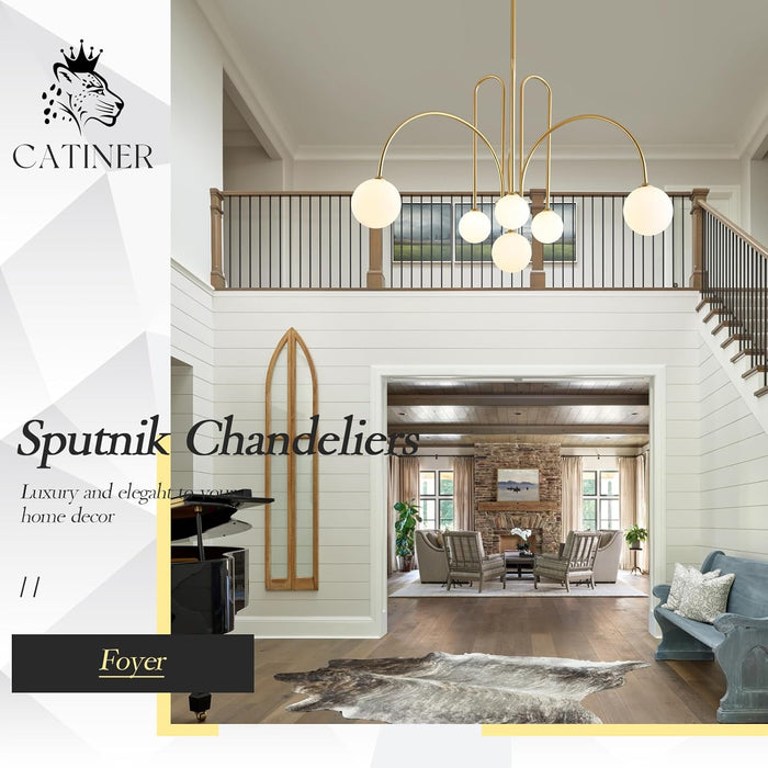 Gold Sputnik Chandelier,6 Lights Large Modern Chandelier L40”Mid Century Long Ceiling Pendant Light Fixtures for Dining Room with Milk Glass Globe Shades for High Ceiling Foyer Living Room
