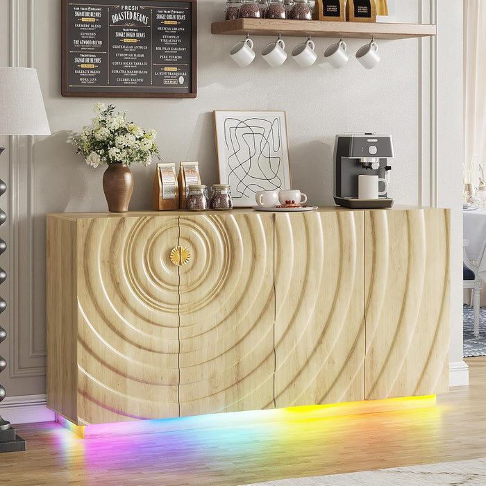 63" Sideboard Buffet Cabinet with Storage, Large Coffee Bar Cabinet with RGB Lights and Power Outlet, Modern Console with 4 Doors for Kitchen and Living Room, Wood Color