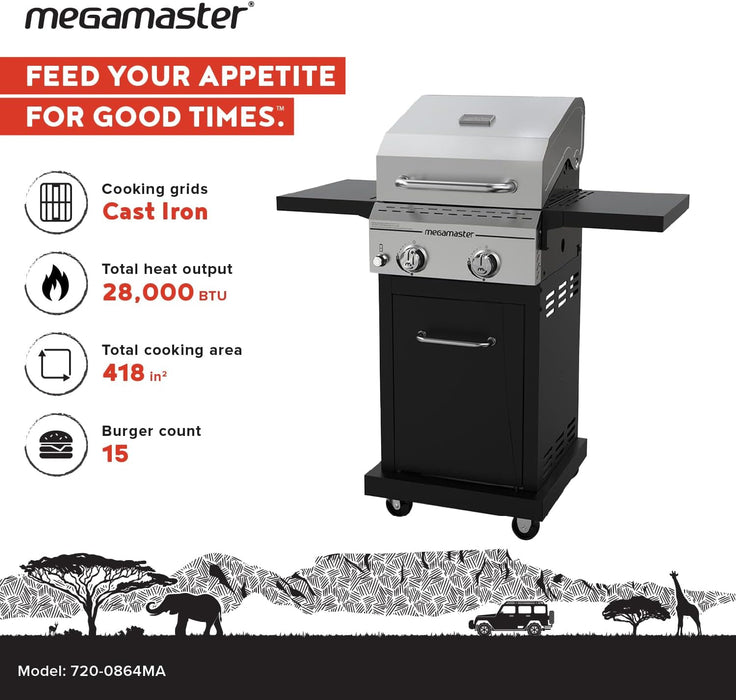 Deluxe 2-Burner Gas Grill with Foldable Side Tables, 418 SQ in Cooking Space, 28000 Btus, Stainless Steel Lid, Propane BBQ Grill for Outdoor Cooking, Patios, Backyards and More - 720-0864MA