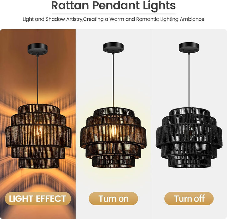 Black Boho Rattan Chandelier With Handwoven Shades
