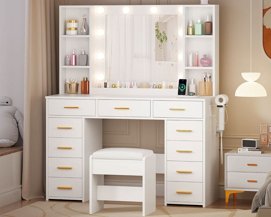 Makeup Vanity Desk with Mirror and Lights White Vanity Desk with Power Outlet 11 Drawers 9 Shelves 3 Color Lighting Modes Vanity for Bedroom Women UBDT86W