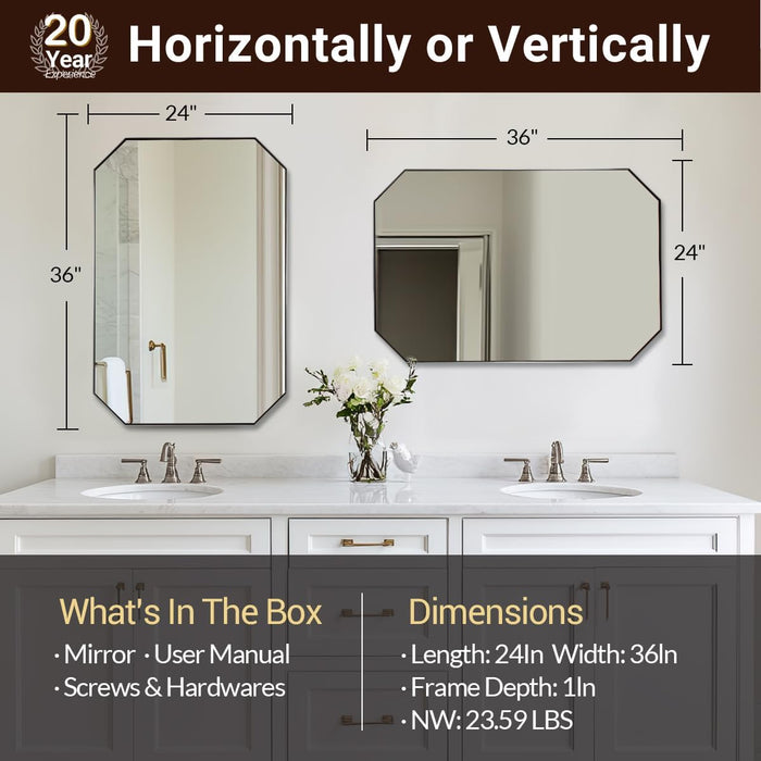 Brushed Nickel Octagon Bathroom Mirror, 24X36 Inch Stainless Steel Metal Frame, Anti-Rust, Shatterproof HD Glass, Wall Mounted for Bathroom, Bedroom, Living Room