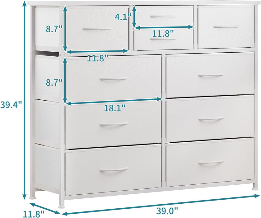 10-Drawer Dresser, Fabric Storage Tower with Drawers for Bedroom, Dresser Drawer with Handle for Bedroom, Living Room, Hallway, Closets & Nurseryteel Frame, Wood Top (10 Drawer/White)