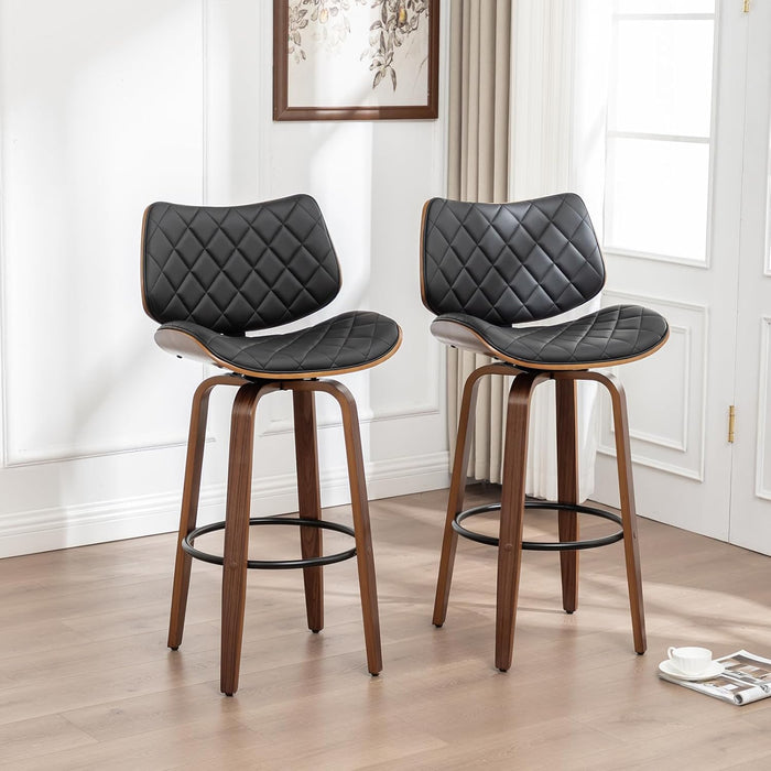 26" Swivel Bar Stools Set of 2, Mid Century Modern Counter Height Barstools Black Leather Upholstered Bar Chairs for Kitchen Island/Dining Room/Cafe